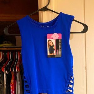 sleeveless blue crop top with cut out sides.